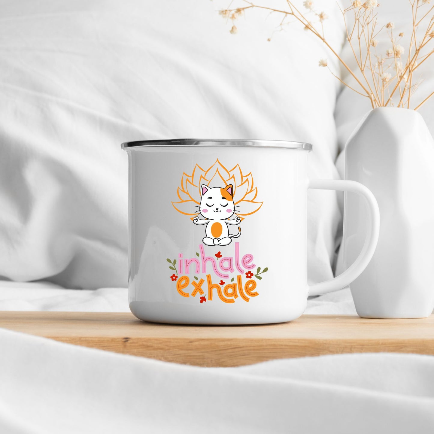 Calm Kitty: Inhale Exhale White 12oz Enamel Mug