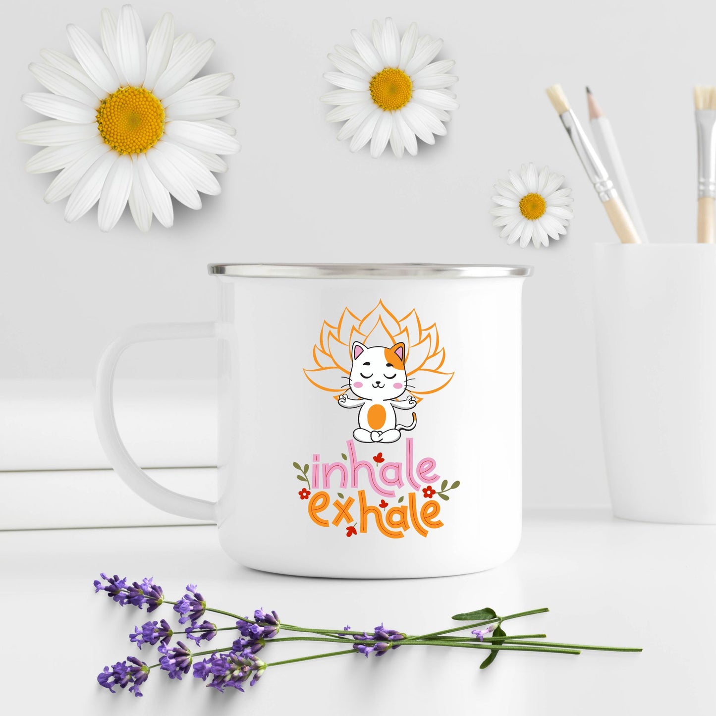 Calm Kitty: Inhale Exhale White 12oz Enamel Mug