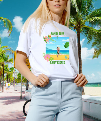 Beach Bliss Unisex Crewneck T-shirt - Sandy Toes & Salty Kisses, Summer Collection - Happiness A Click Away