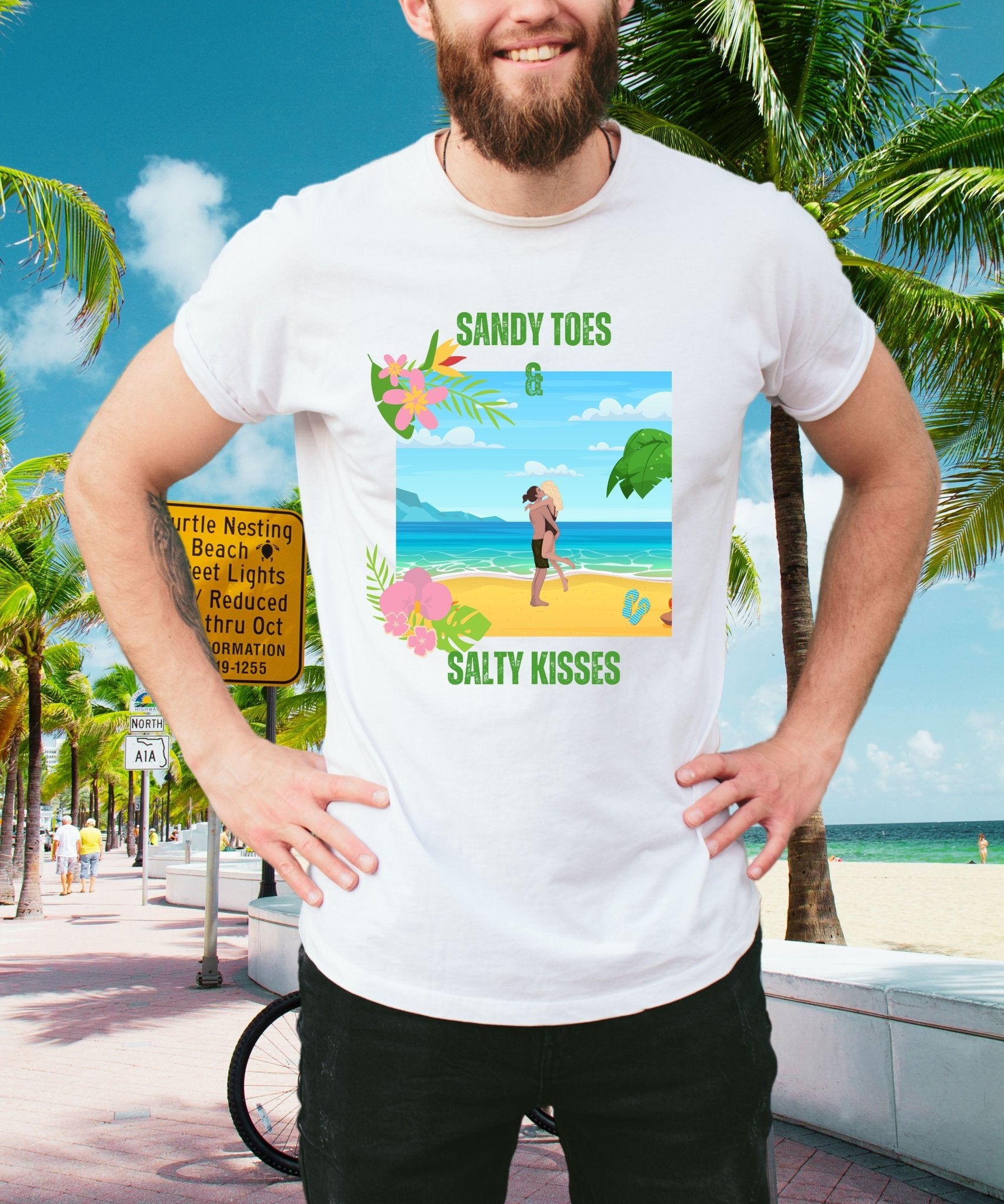 Beach Bliss Unisex Crewneck T-shirt - Sandy Toes & Salty Kisses, Summer Collection - Happiness A Click Away