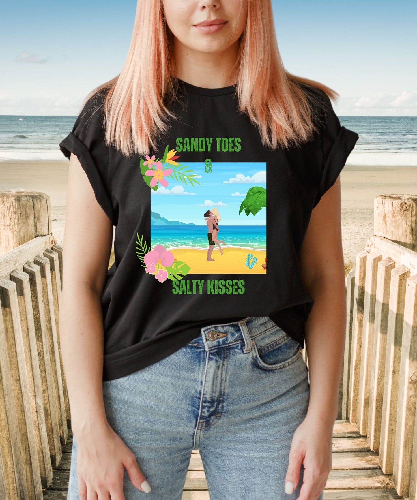 Beach Bliss Unisex Crewneck T-shirt - Sandy Toes & Salty Kisses, Summer Collection - Happiness A Click Away