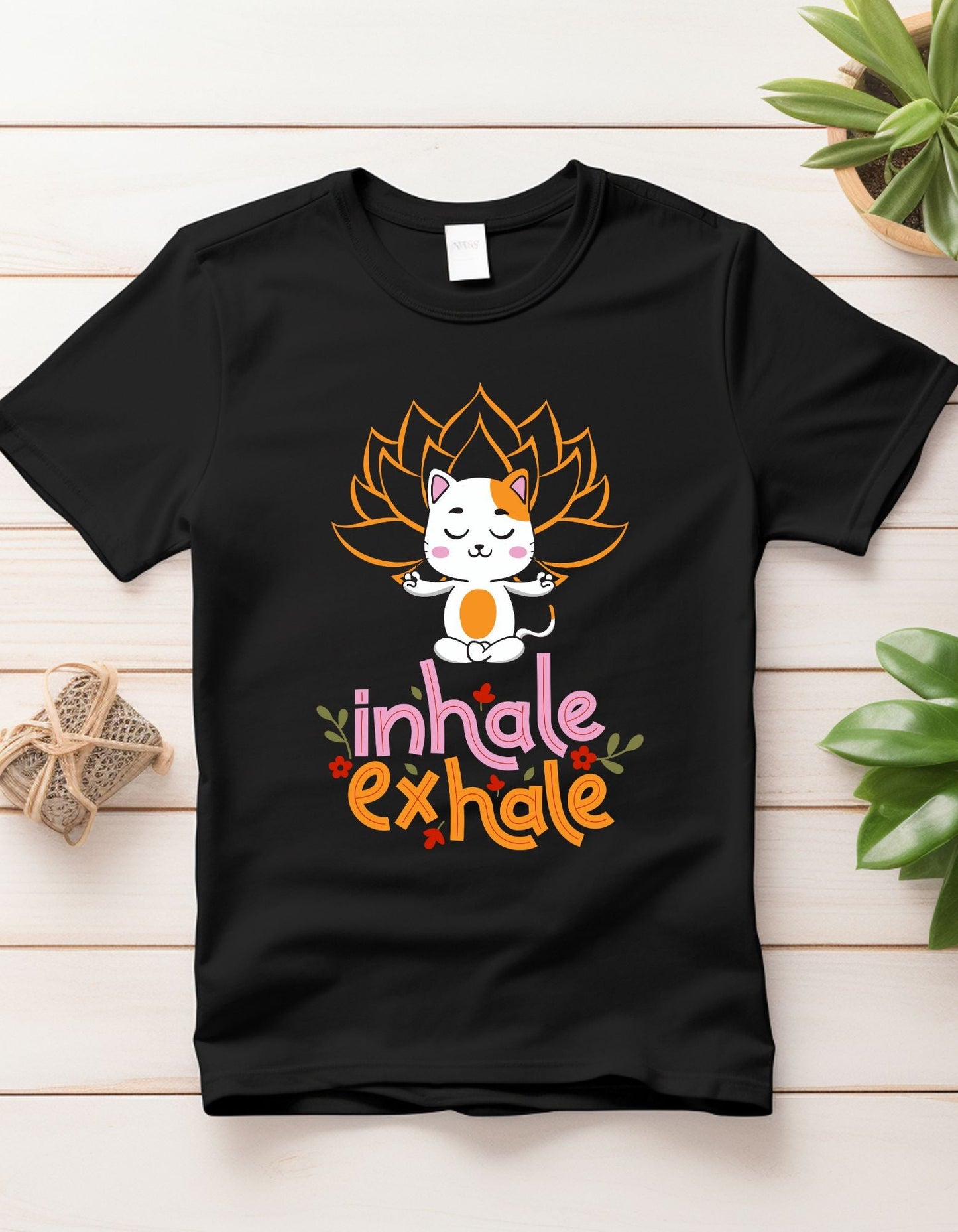 Calm Kitty: Inhale Exhale Classic Womens Crewneck T-shirt - Happiness A Click Away