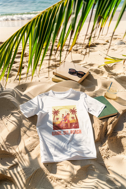 Fun in the Sun Unisex T - shirt - Game, Set, Beach Design - Happiness A Click Away