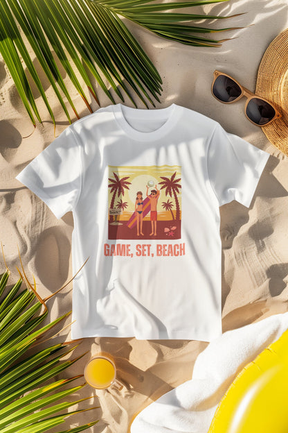 Fun in the Sun Unisex T - shirt - Game, Set, Beach Design - Happiness A Click Away