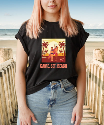 Fun in the Sun Unisex T-shirt- Game, Set, Beach Design - Happiness A Click Away