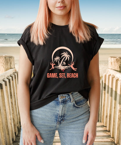 Game, Set, Beach Unisex Crewneck T-shirt, Sunny Day Game - Happiness A Click Away