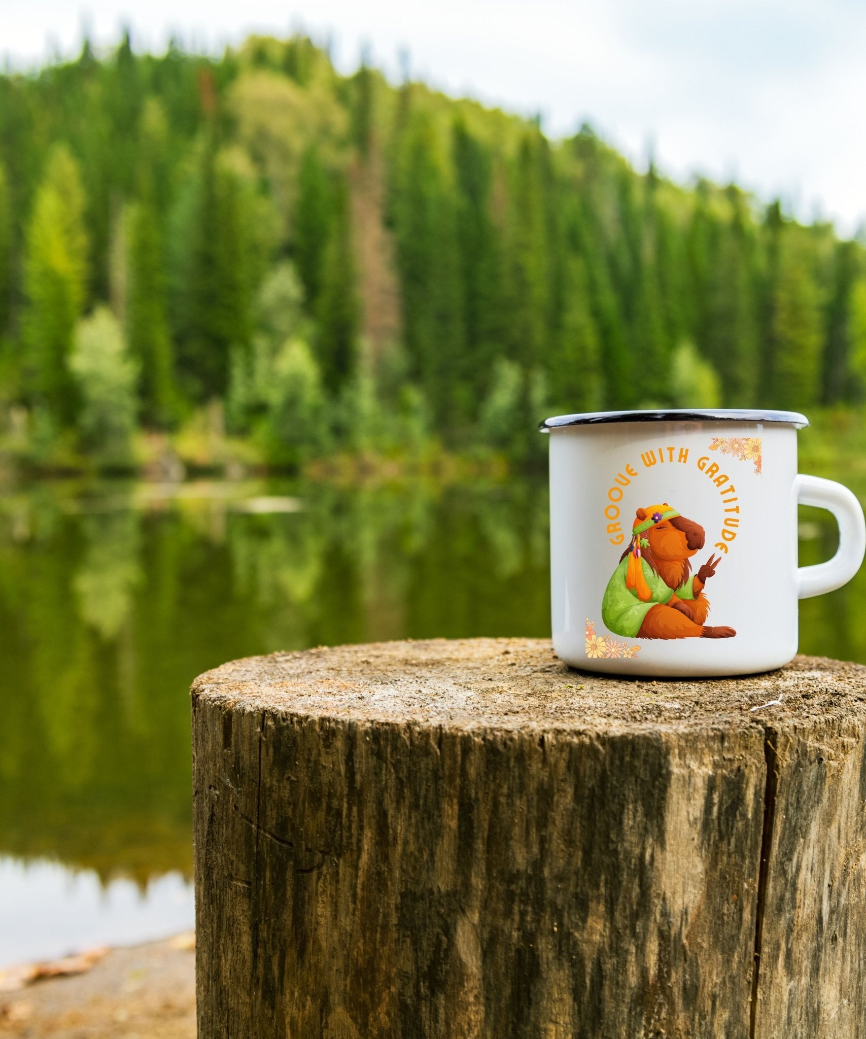 Groove with Gratitude White 12oz Enamel Mug - Happiness A Click Away