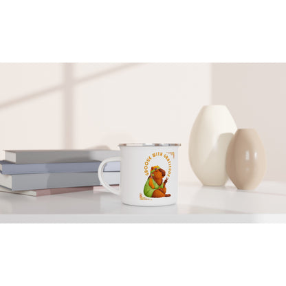 Groove with Gratitude White 12oz Enamel Mug - Happiness A Click Away