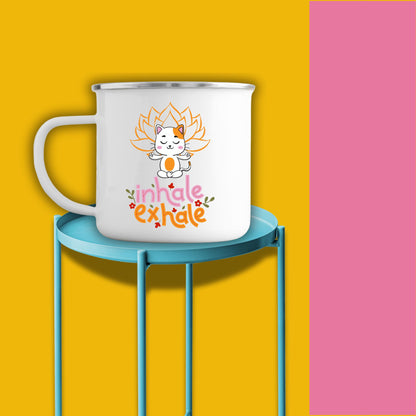 Calm Kitty: Inhale Exhale White 12oz Enamel Mug