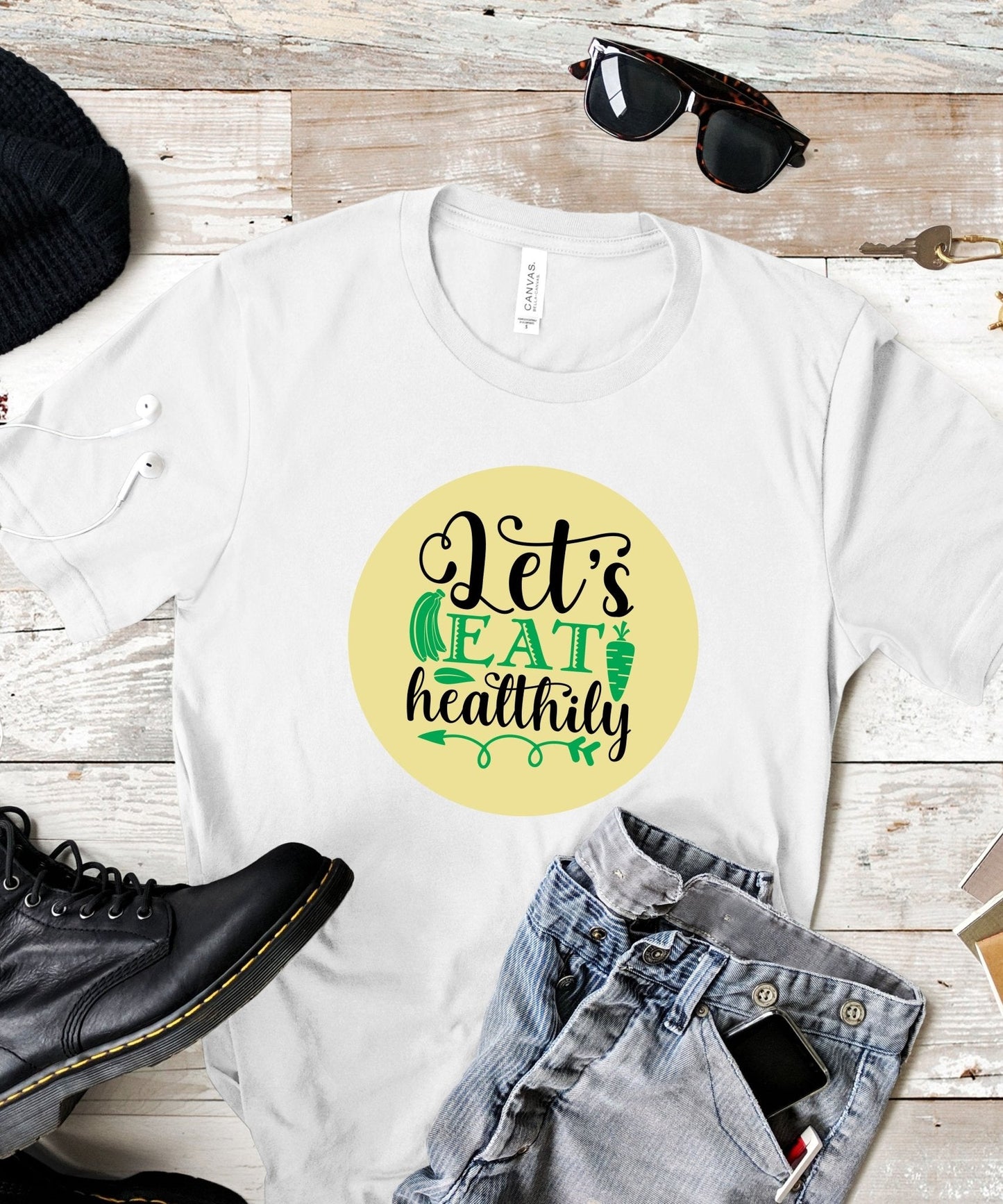 Radiate in 'Let's Eat Healthily' Classic Unisex Tee, Vegan Fashion Finds - Happiness A Click Away