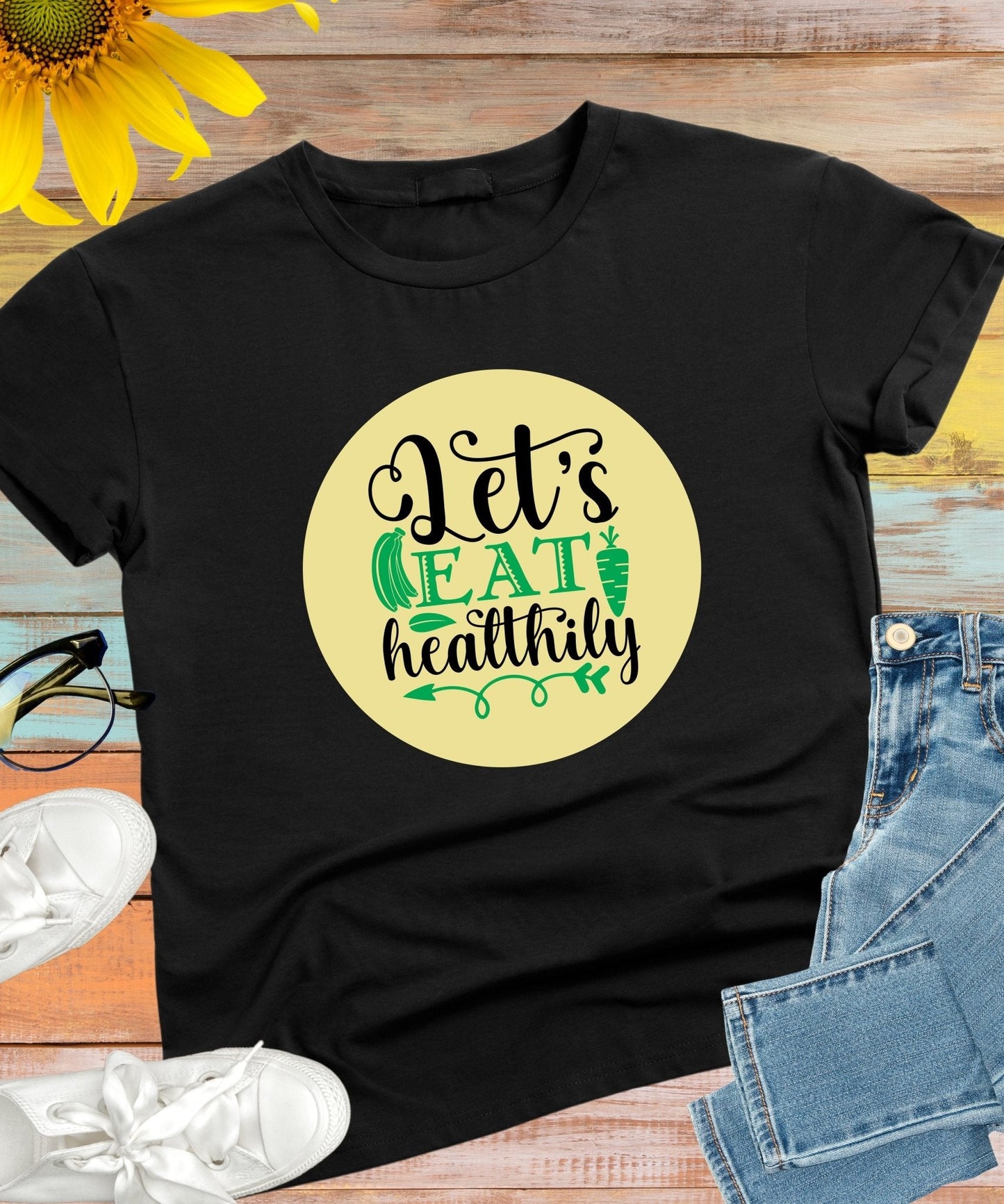 Radiate in 'Let's Eat Healthily' Classic Unisex Tee, Vegan Fashion Finds - Happiness A Click Away