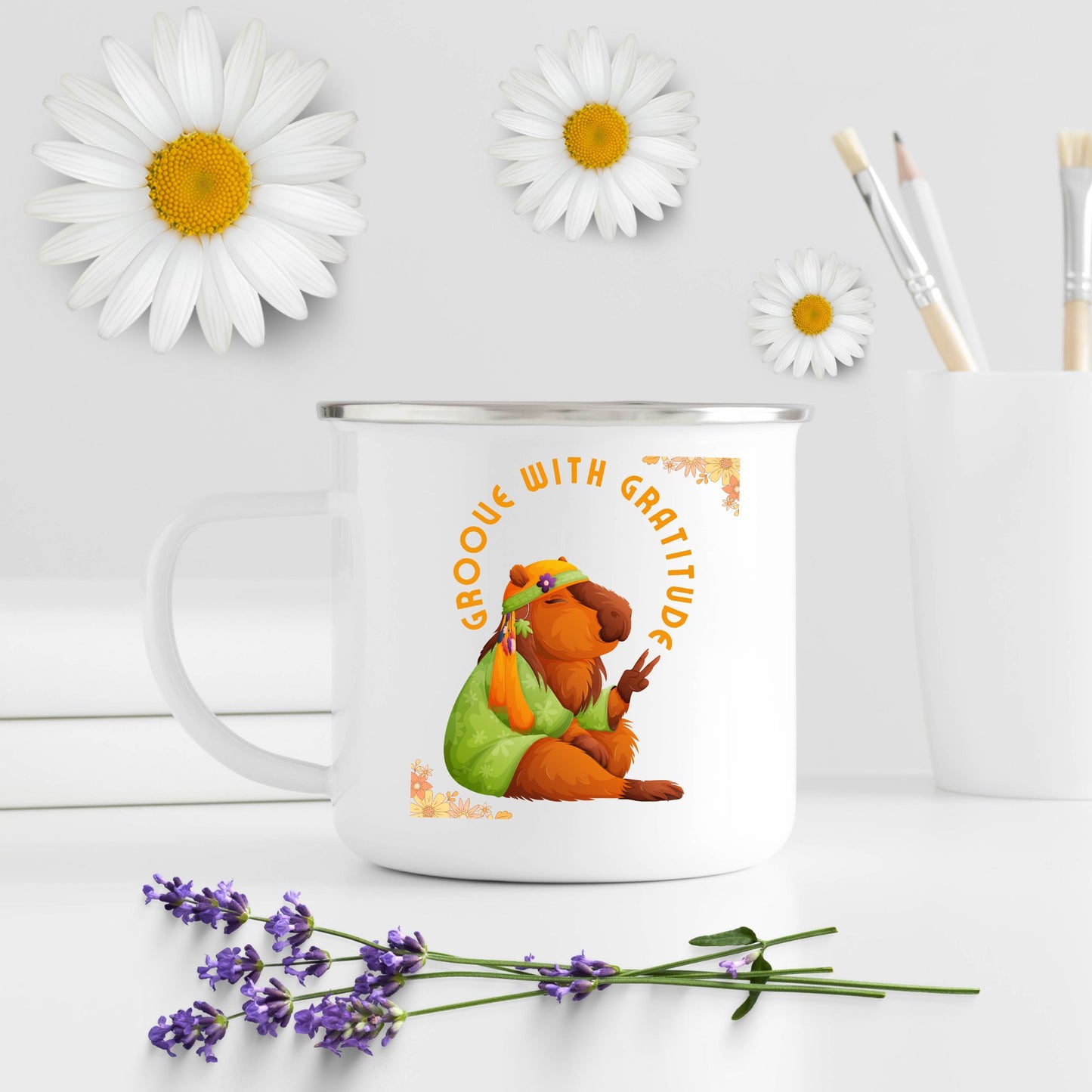 Groove with Gratitude White 12oz Enamel Mug