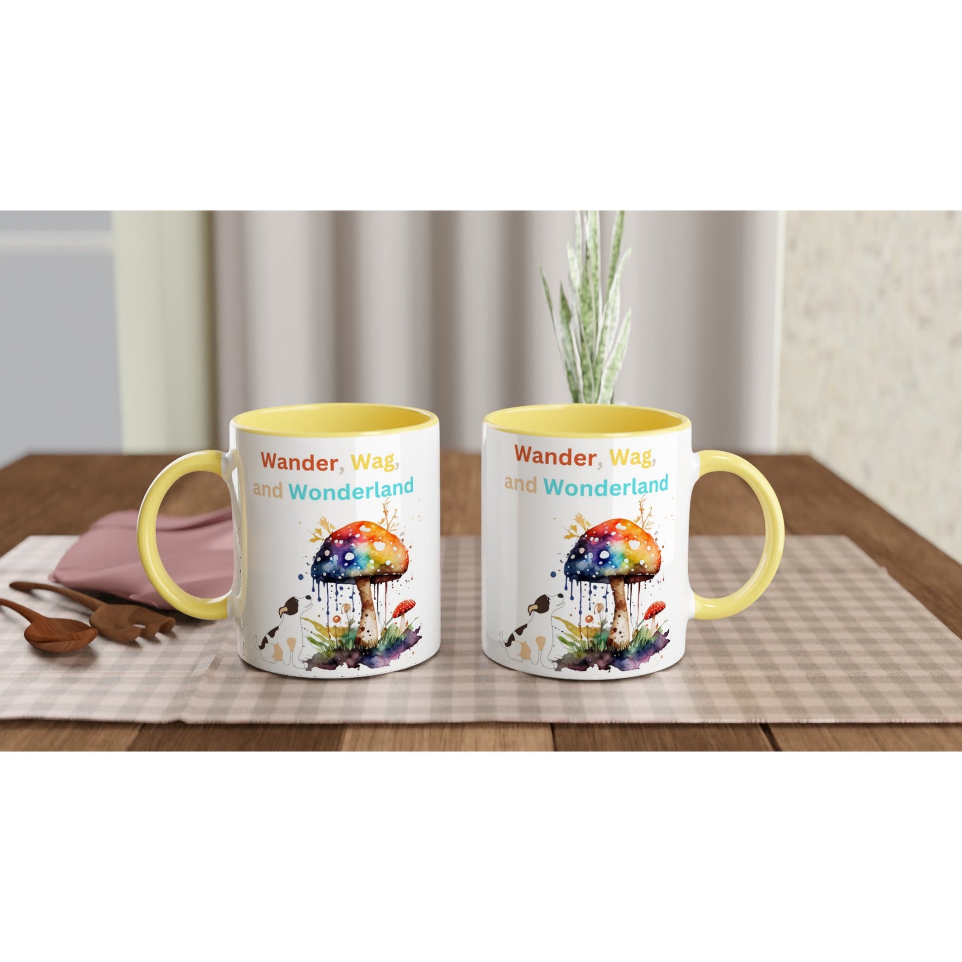 Wander, Wag, and Wonderland- White 11oz Ceramic Mug with Color Inside - Happiness A Click Away